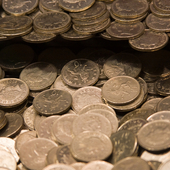 Coins in a fairground gaming machine