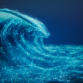  Visualization of an ocean wave created with glowing network nodes and lines on a deep blue background.
