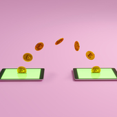 Gold bitcoin coins moving between two glowing tablets, symbolizing peer to peer crypto payment, digital wallet transfer, online transaction, fintech and decentralized finance. (3d render)