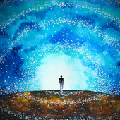 Illustration styled like a watercolour painting of a human standing on the horizon with a bright sky above