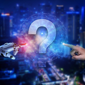 A robot and a human hand both pointing at a glowing question mark