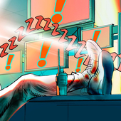 Illustration: A security guard is asleep at his desk during a red alert that he’s supposed to be monitoring