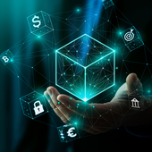 Man holding blockchain concept illustration in palm of his hand