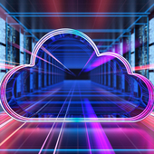 A cloud icon in between racks of servers in data centre 