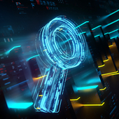 Digital search icon in front of a futuristic cityscape that looks like computer servers
