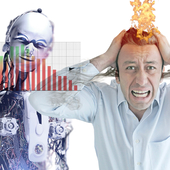 A man is holding his head in fear as an AI robot gets its maths wrong