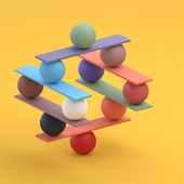 Balls are balancing on various tiered coloured planks