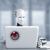 A robot sits at a laptop, which has a Federal Reserve Board sticker on it