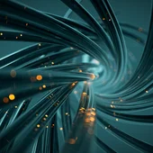 Futuristic visualization of high-speed data transfer through swirling dark fiber optic cables with glowing orange particles, symbolizing advanced communication networks and digital connectivity.
