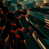 Abstract 3D digital artwork with sharp geometric shapes converging toward the center, illuminated with dark teal, red, and orange highlights, symbolizing data flow, energy, or futuristic technology.