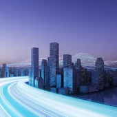 Futuristic city skyline at dusk with illuminated skyscrapers, glowing digital data networks, and light trails representing high-speed connectivity. Concept of smart cities, digital transformation, and next-generation urban infrastructure powered by technology and innovation